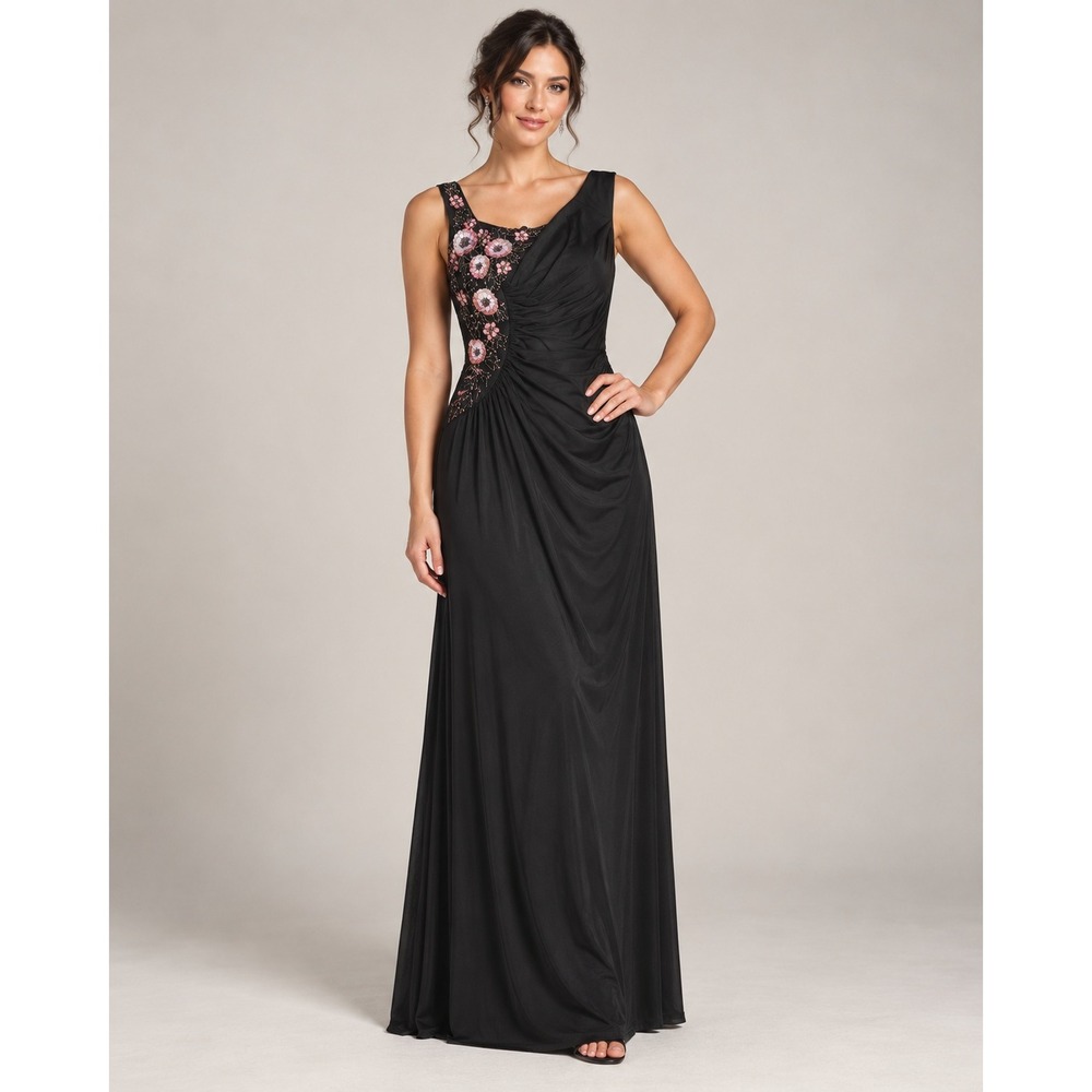 Adrianna Papell Black Jersey Gown Pink Floral Beaded Sequin Maxi Dress 8 NEW